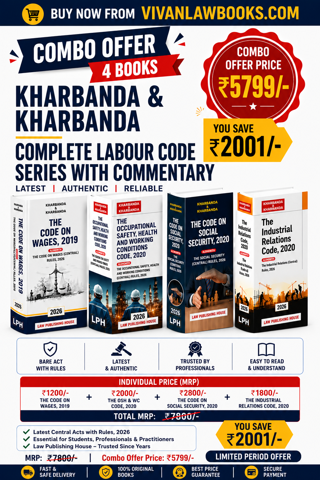 Kharbanda & Kharbanda's Complete Labour Code Series with Commentary (Code on Wages + Occupational Safety + Code on Social Security + Industrial Relation) - New May 2026 Release by Law Publishing House