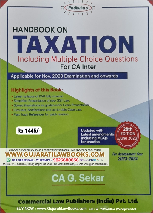Padhuka's HANDBOOK ON TAXATION Including MCQs by CA G Sekar - For CA Inter - Latest 28th Edition June 2023-24 Commercial