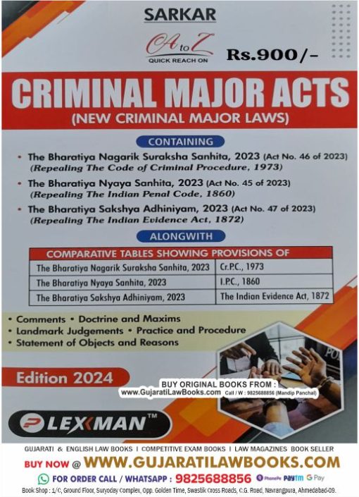 SARKAR’s NEW CRIMINAL MAJOR ACTS (CRIMINAL MANUAL) – (New IPC / CRPC / Evidence – Sakshya Bill, 2023 + Nagrik Suraksha Sanhita, 2023 + Nyaya Sanhita, 2023 – Latest 2024 Edition Lexmann