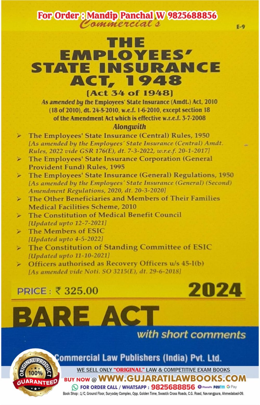 ESI - Employees State Insurance Act, 1948 - BARE ACT - Latest 2024 Edition Commercial